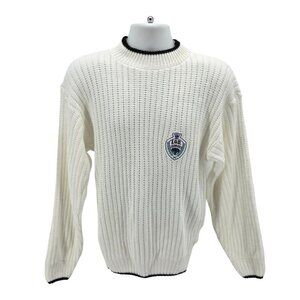 Vintage IOU I.O.U. Mens Small Sweater Logo Crest Patch Chunky Knit White Preppy